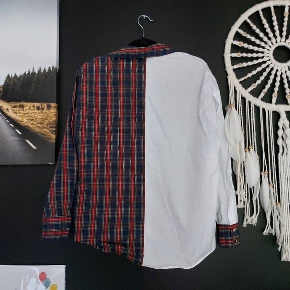ZARA BASIC SPLIT PLAID / WHITE BUTTON UP SHIRT - Picture 5 of 5